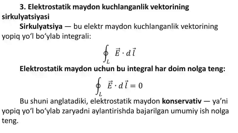 BIR JINSLI ELEKTR MAYDONIDA ZARYADNI KO'CHIRISHDA BAJARILGAN ISH.ELEKTROSTATIK MAYDON KUCHLANGANLIK VEKTORINING SIRKULYATSIYASI.MAYDON POTENSIALI.ZARYADLARNING POTENSIAL MAYDONI VA ENERGIYASI.ELEKTR MAYDON KUCHLANGANLIGI VA POTENSIAL ORASIDAGI BOG'LANISH 4