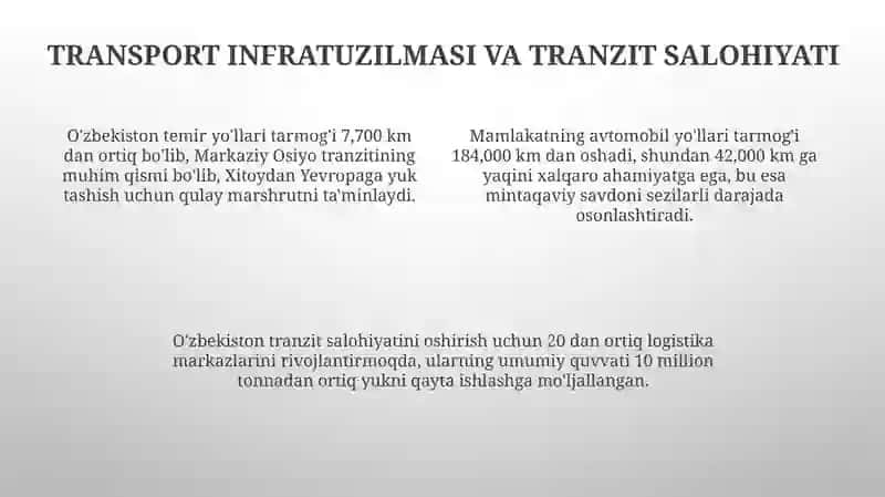 O'zbekiston transporti: Tarix, infratuzilma va rivojlanish 4