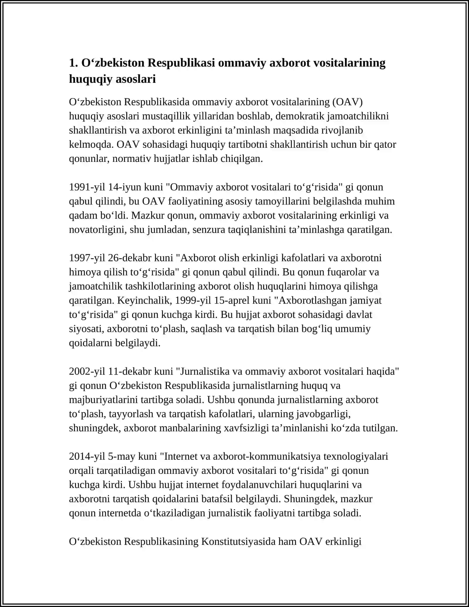 OʻZBEKISTON RESPUBLIKASIDA OMMAVIY AXBOROT VOSITALARINING FAOLIYATI 4