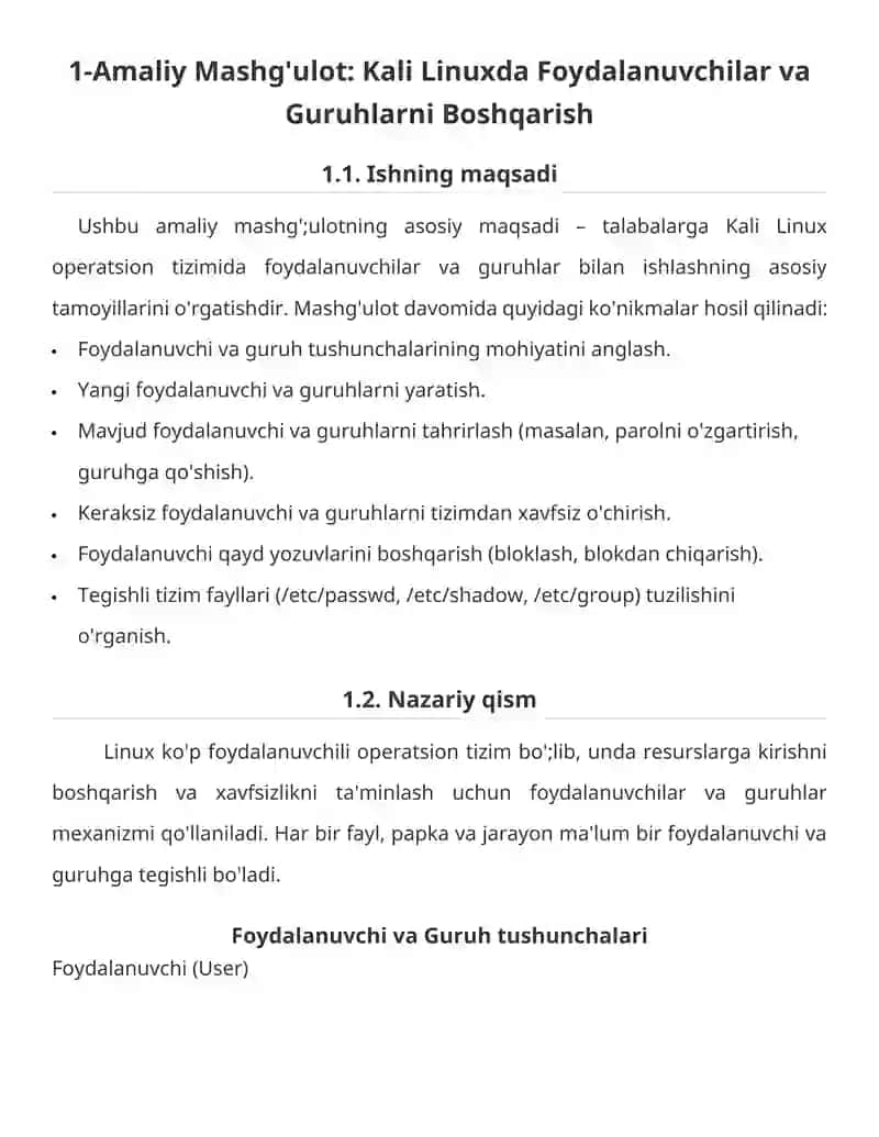Kali Linuxda Amaliy Mashg'ulotlar: Foydalanuvchilar, Fayl Tizimlari va Disk Boshqaruvi 4