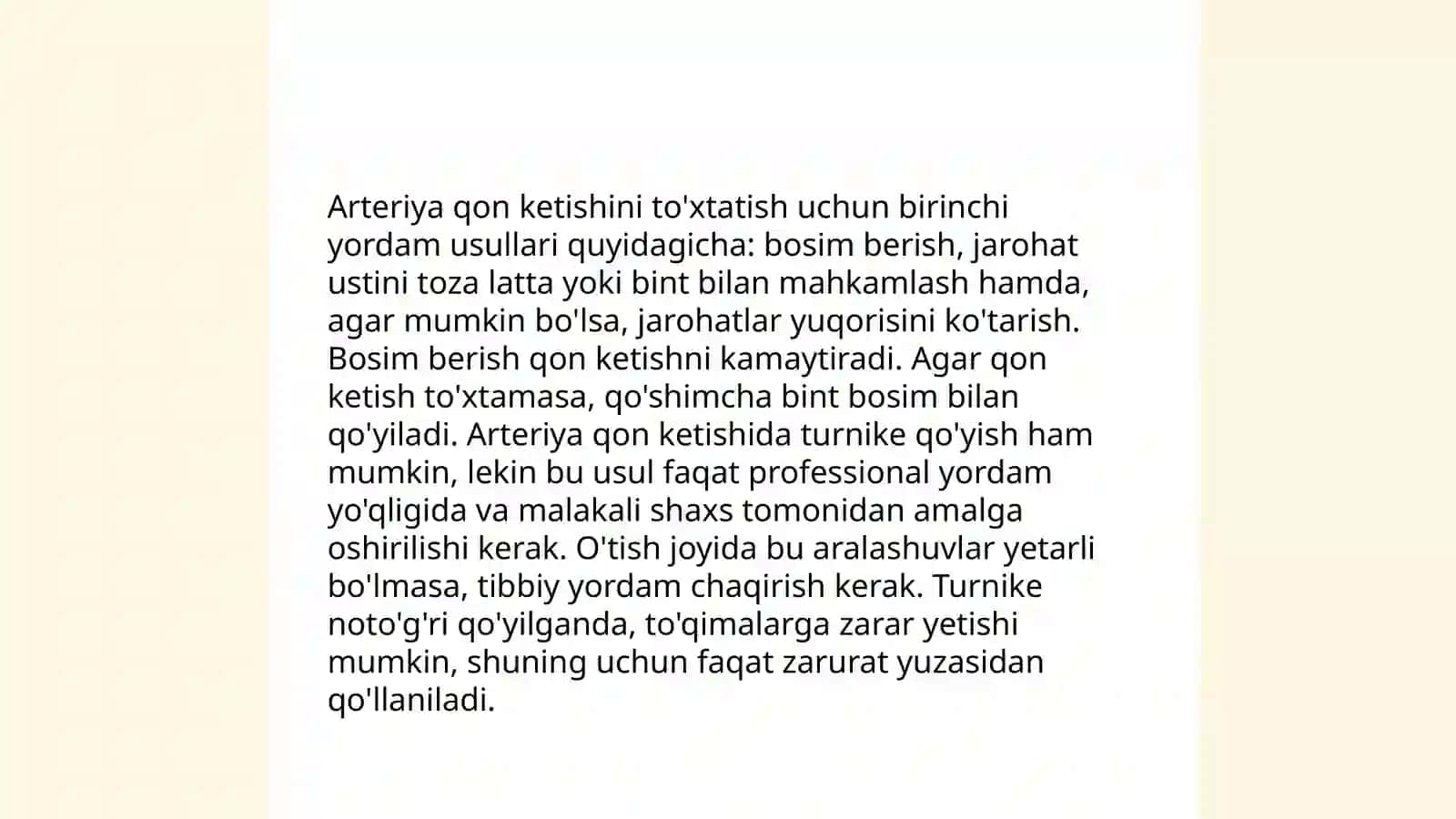 Arteriya va venadan qon ketish, davleniya tushishi va ko'tarilishi, kuyishda birinchi yordam 4