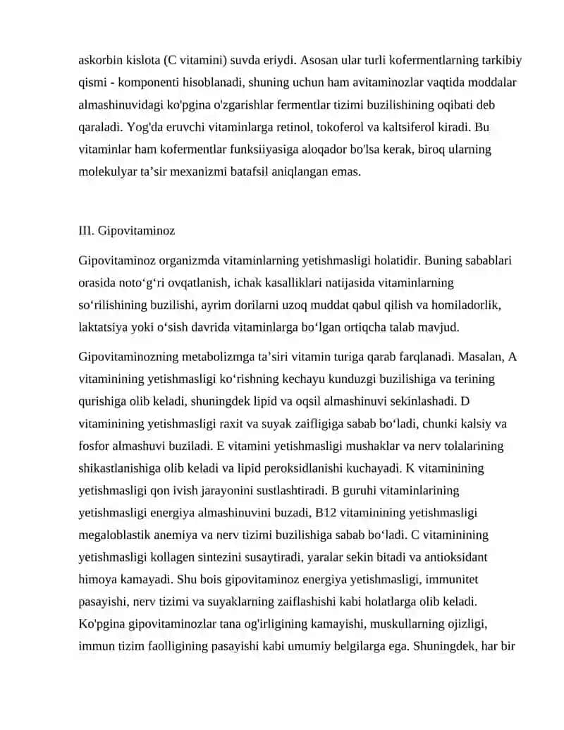 Gipovitaminoz va gipervitaminoz holatlarda moddalar almashinuvining buzilishi. 4