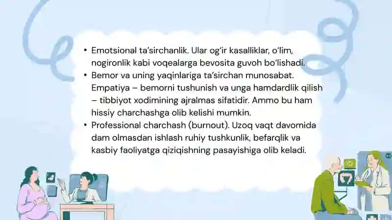 Tibbiyot xodimlarida emotsional holatlarning o'ziga xosligi : stress va uning bosqichlari, bartaraf etish yo'llari 4
