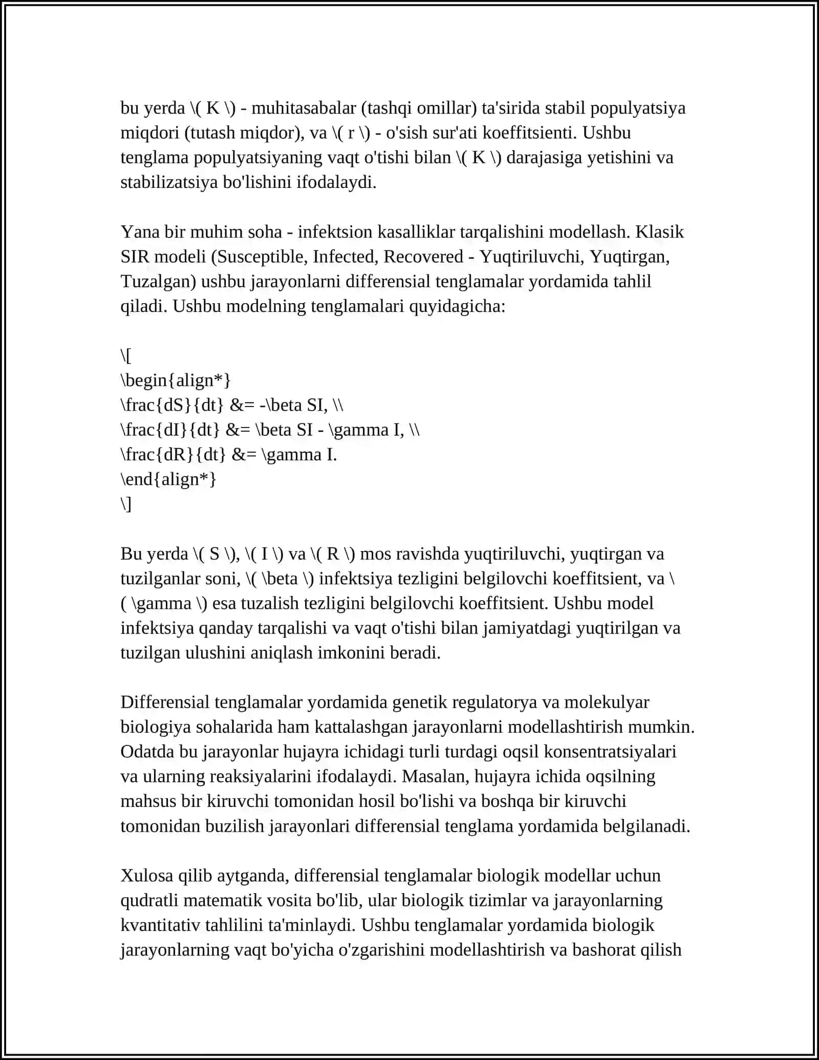 TIBBIY-BIOLOGIK MAZMUNDAGI DIFFERENSIAL TENGLAMALARNI TUZISH VA YECHISH 4