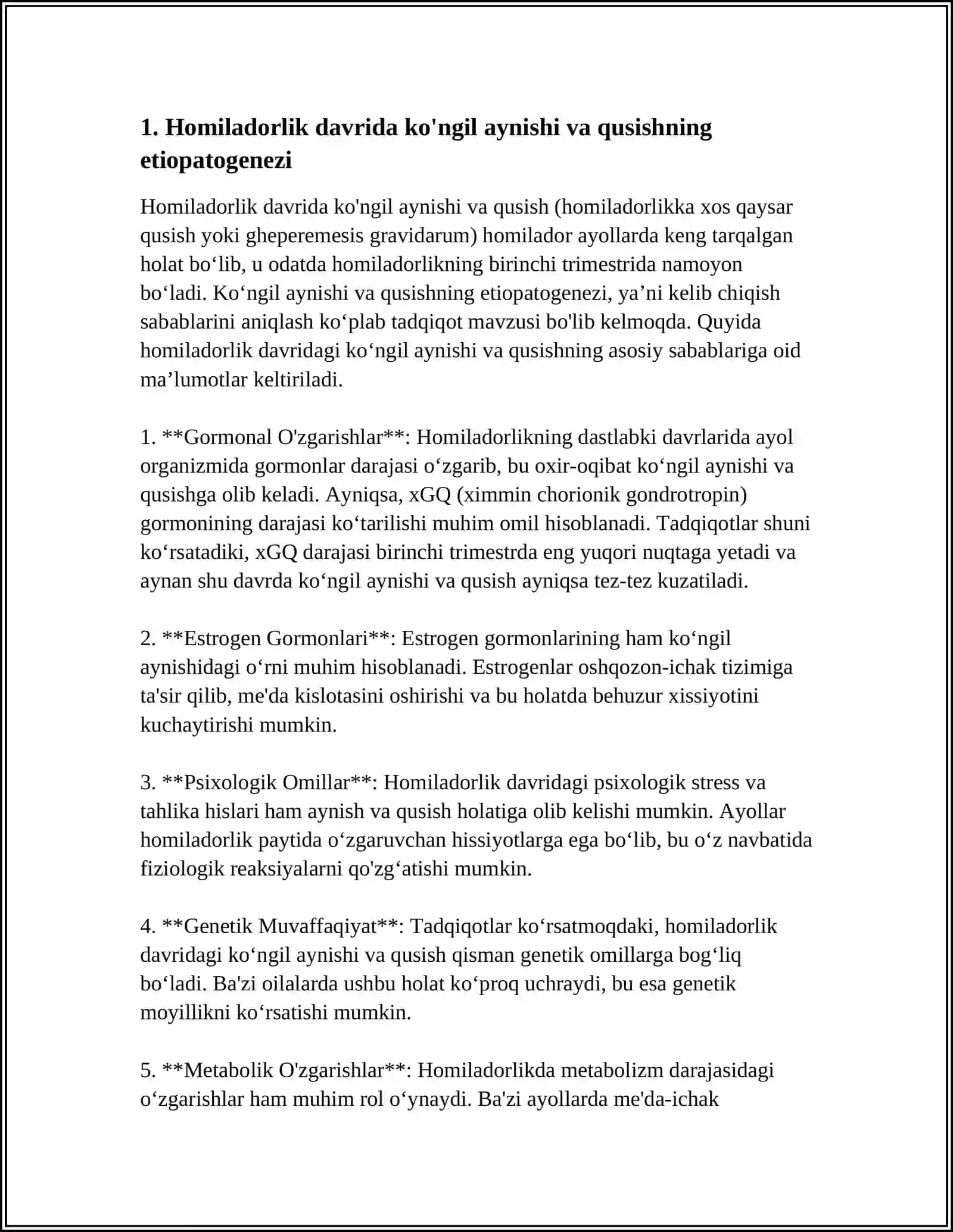 HOMILADORLAR KO’NGIL AYNISHI VA QUSISHI. ETIOPATOGENEZI,TASNIFI,KLINIKASI,DAVOLASH TAMOYILLARI. TO'G'RI OVQATLANISH PRINSIPLARI 4