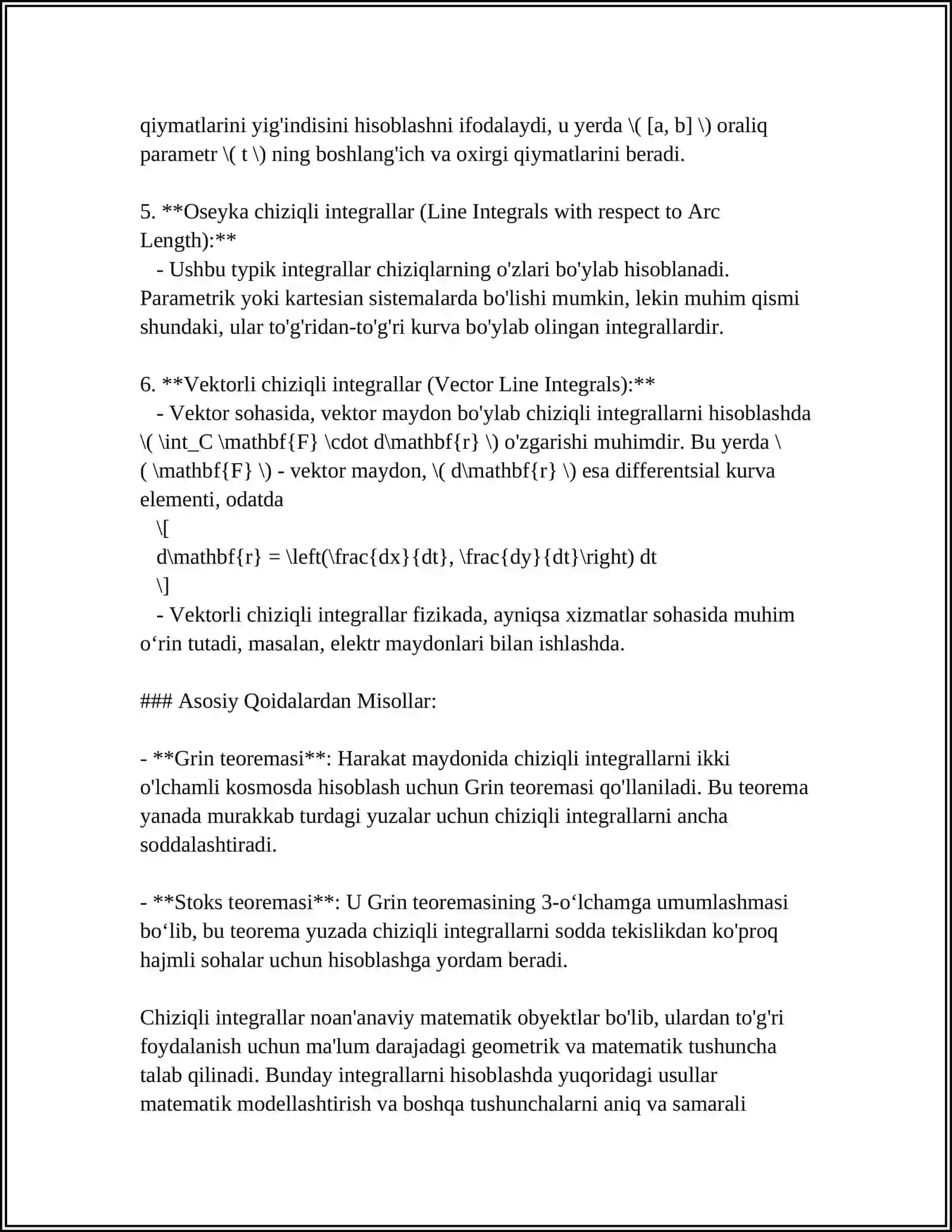 MUSTAQIL ISH Mavzu: IKKINCHI TUR EGRI CHIZIQLI INTEGRALNI HISOBLASHGA DOIR MASHQLAR. GRIN FORMULASI. EGRI CHIZIQLI INTEGRALNI TADBIQIGA DOIR MASHIQLAR 4