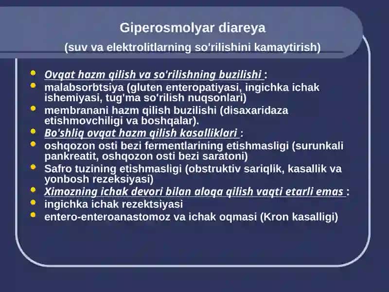 Diareya sindromli kasalliklarni differentsial diagnostikasi va davolash tamoyillari 4