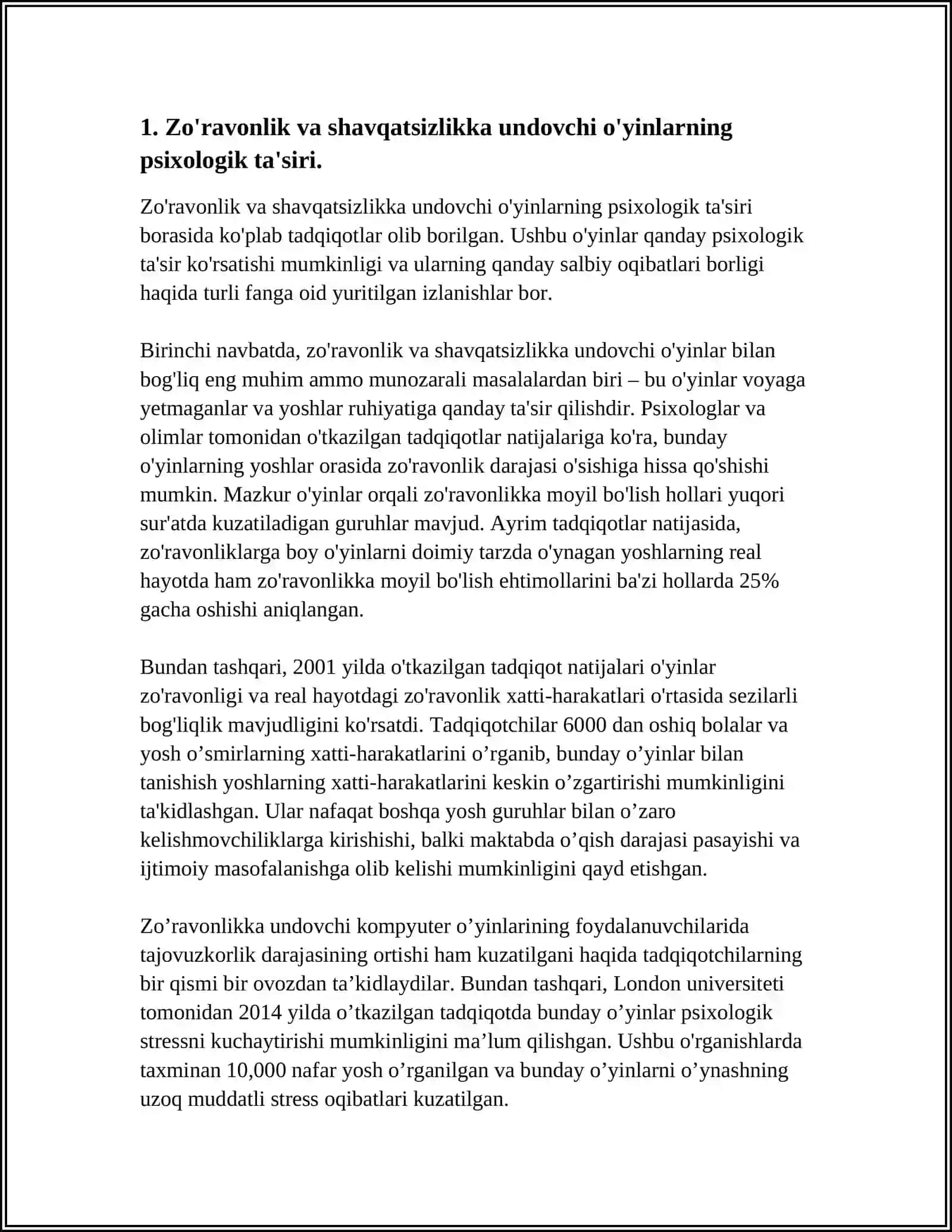 ZURAVONLIK FAXSH VA SHAVQATSIZLIKKA UNDOVCHI UYINLAR PUBJ MINEKRAFT GMA COUNTER CTCHIKE EVER QUEST MANHUT HILMIY XIDIR SORIY LORNING ZARARLI OQIBATLARI VA ULARNING BARTARAF ETISH YULARI 4