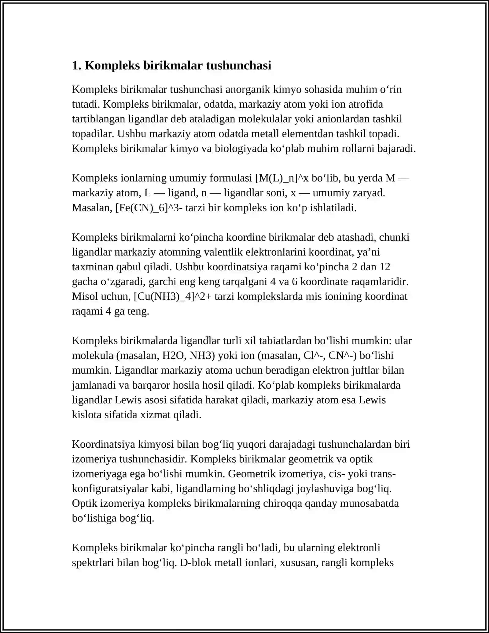 KOMPEKS BIRIKMALARNING.KOMPLEKS BIRIKMALARING TASNIFI VA NOMLANISHI HAQIDA MA'LUMOT OLADI 4