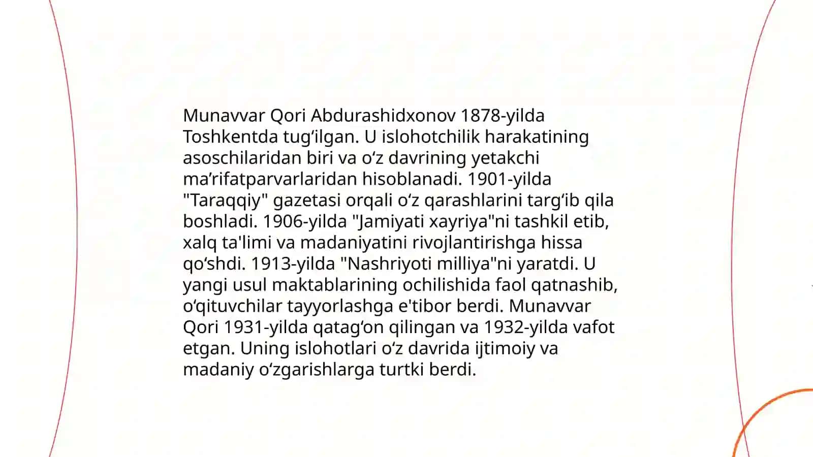 Jadid maʼrifatparvarlarining oʻlka ijtimoiy - maʼnaviy hayotida tutgan oʻrni (Munavvar Qori,Fitrat Behbudiy, Avloniy va boshqalar) 4