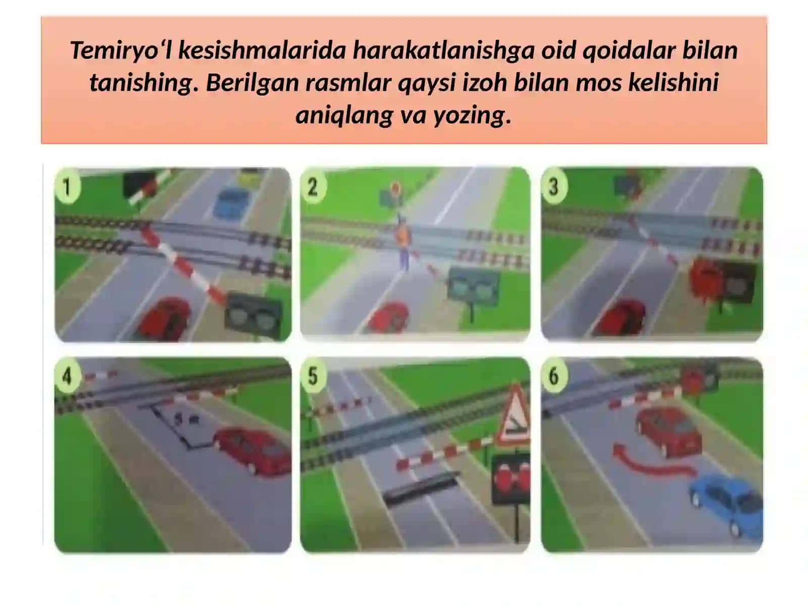 Temiryo‘lkesishmalaridaharakatlanishgaoidqoidalarbilantanishing.Berilganrasmlarqaysiizohbilanmoskelishinianiqlangvayozing 4