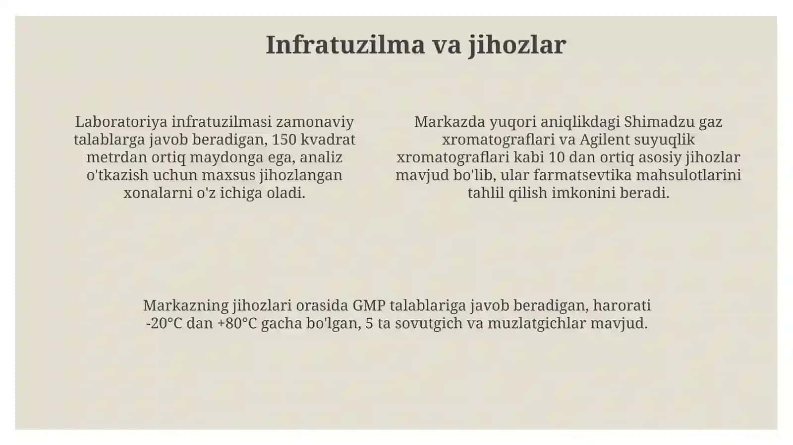 Farmatsevtika mahsulotlari xavfsizligi markazining laboratoriyalari haqida ma’lumot 4