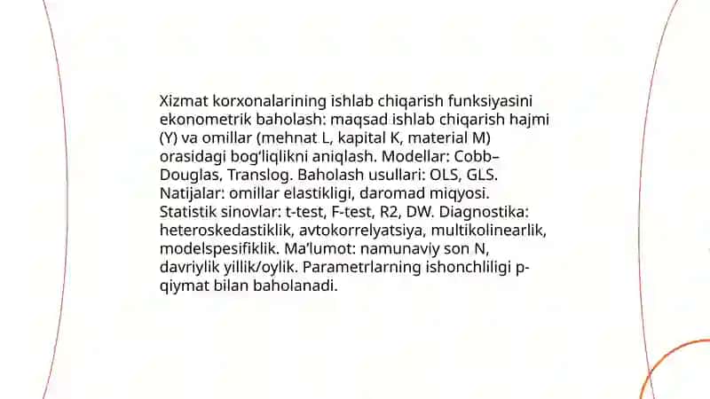 Xizmatlar koʻrsatish korxonalari faoliyati koʻrsatkichlarini ekonometrik modellashtirish 4
