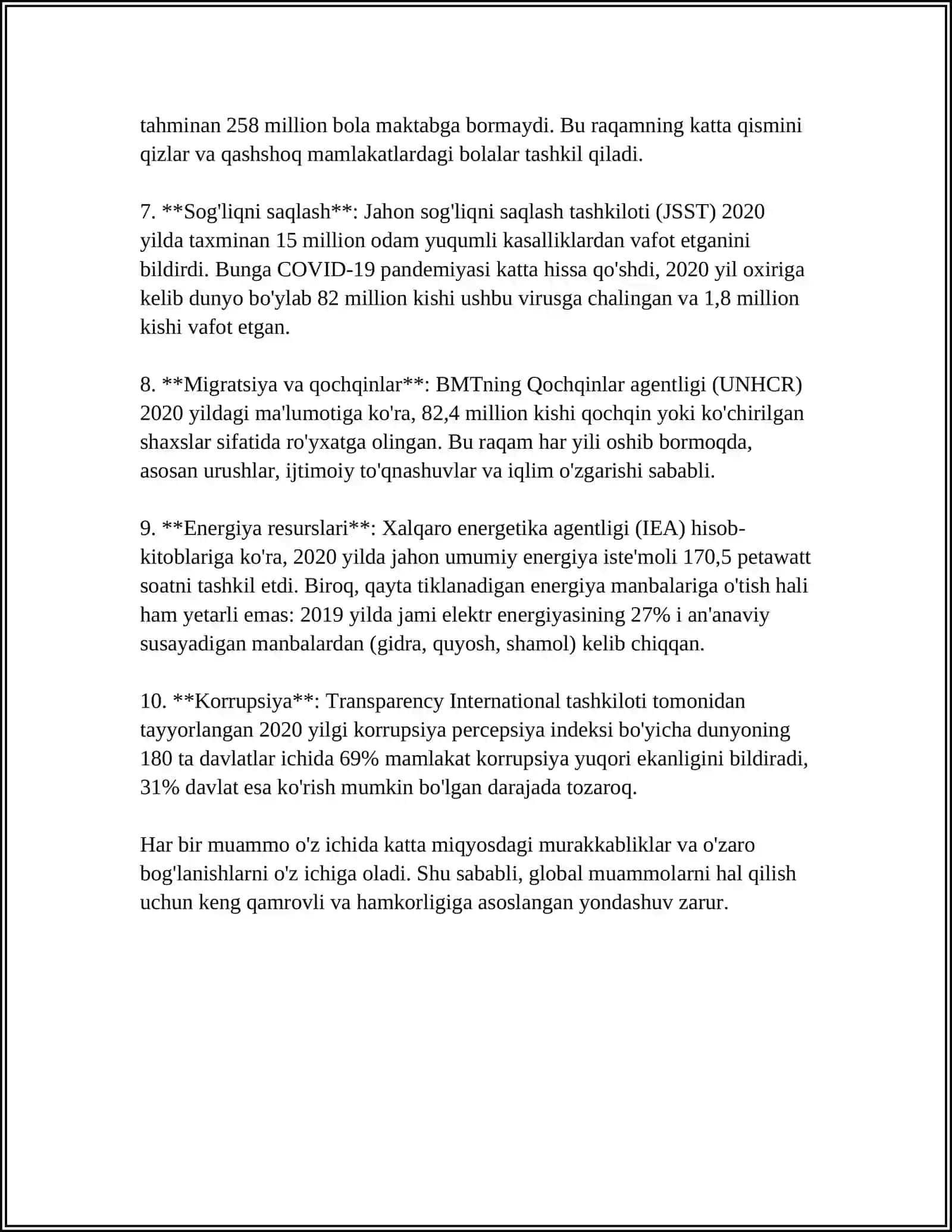 GLOBAL MUAMMOLARNING MEZONLARI VA DARAJALARI 4