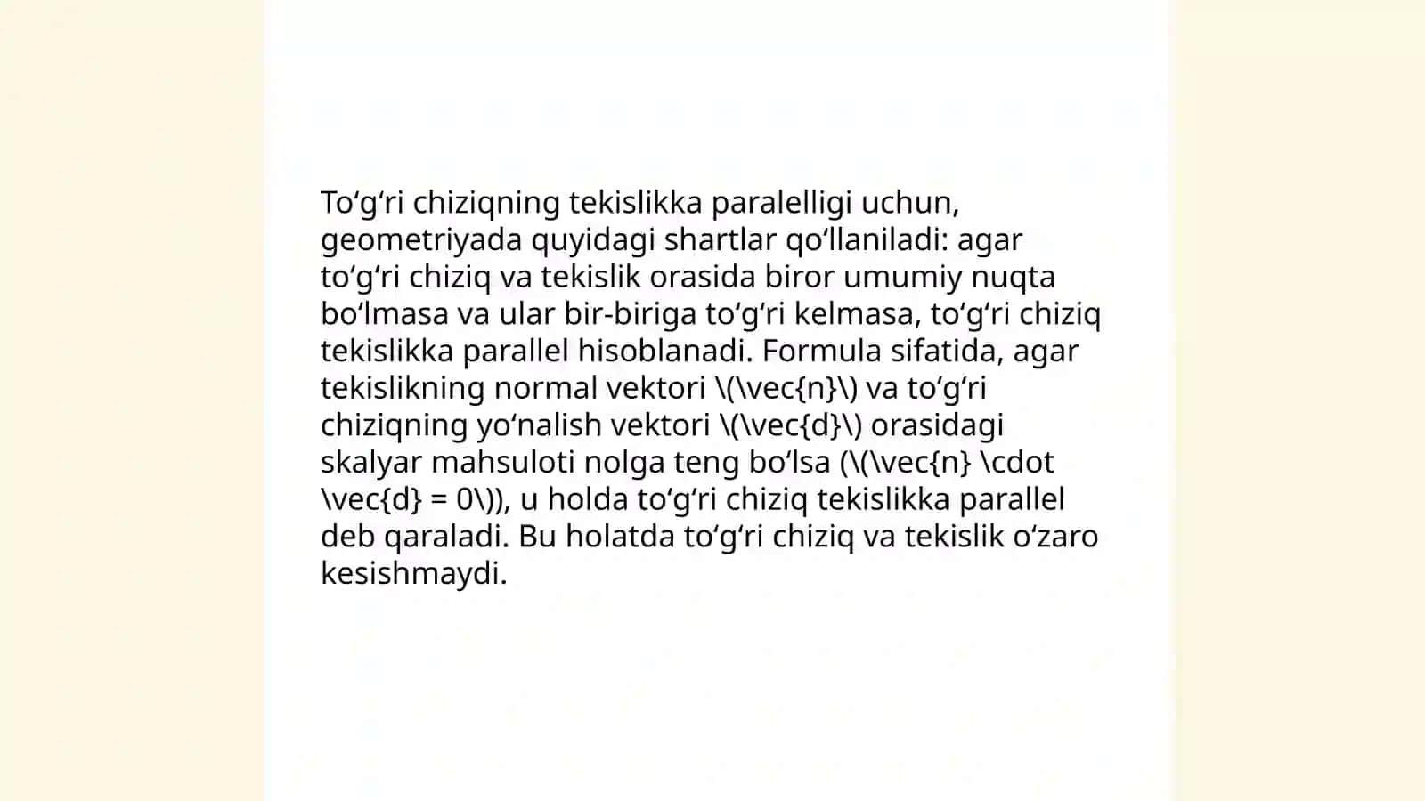 Ikkita toʻgʻri chiqizning (tekislikning) parallelligi va perpendikulyarligi shartlari. Nuqtadan toʻgʻri chiziqqacha ( tekilslikkacha) boʻlgan masofa va ularning tatbiqi 4