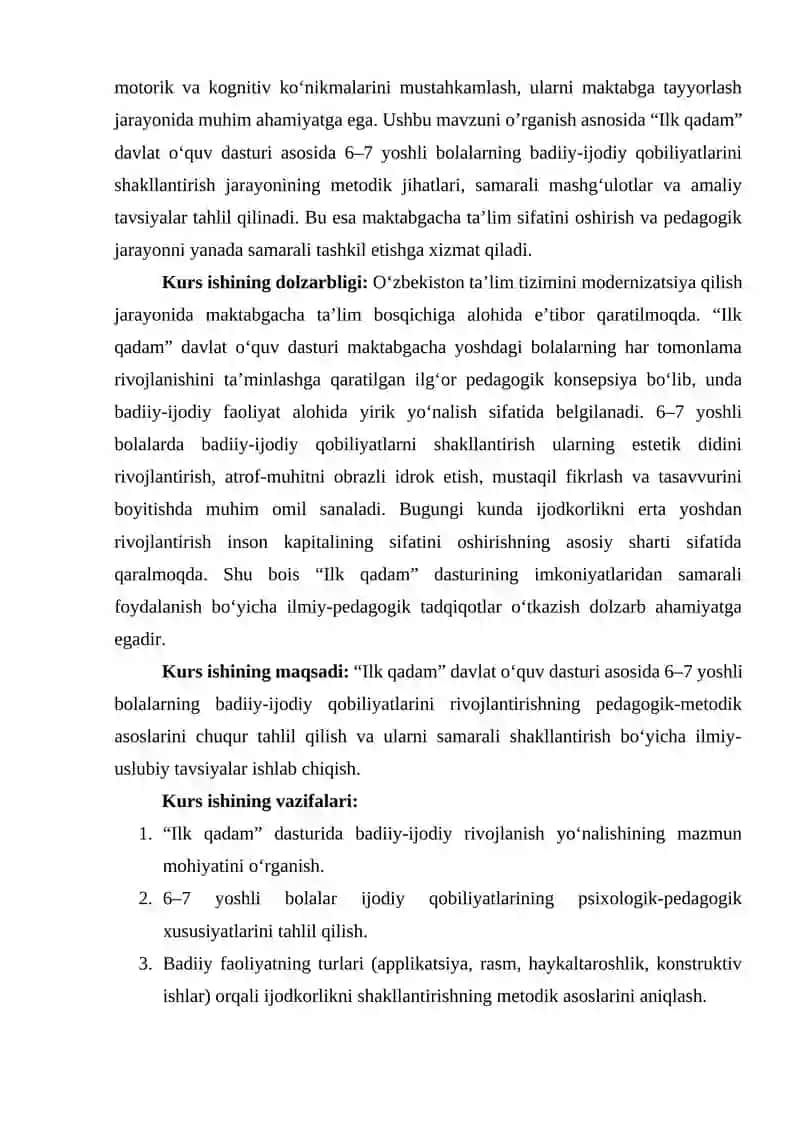 Ilk qadam davlat o‘quv dasturi asosida 6-7 yoshli bolalarning badiiy-ijodiy qobiliyatlarini shakllantirish 4
