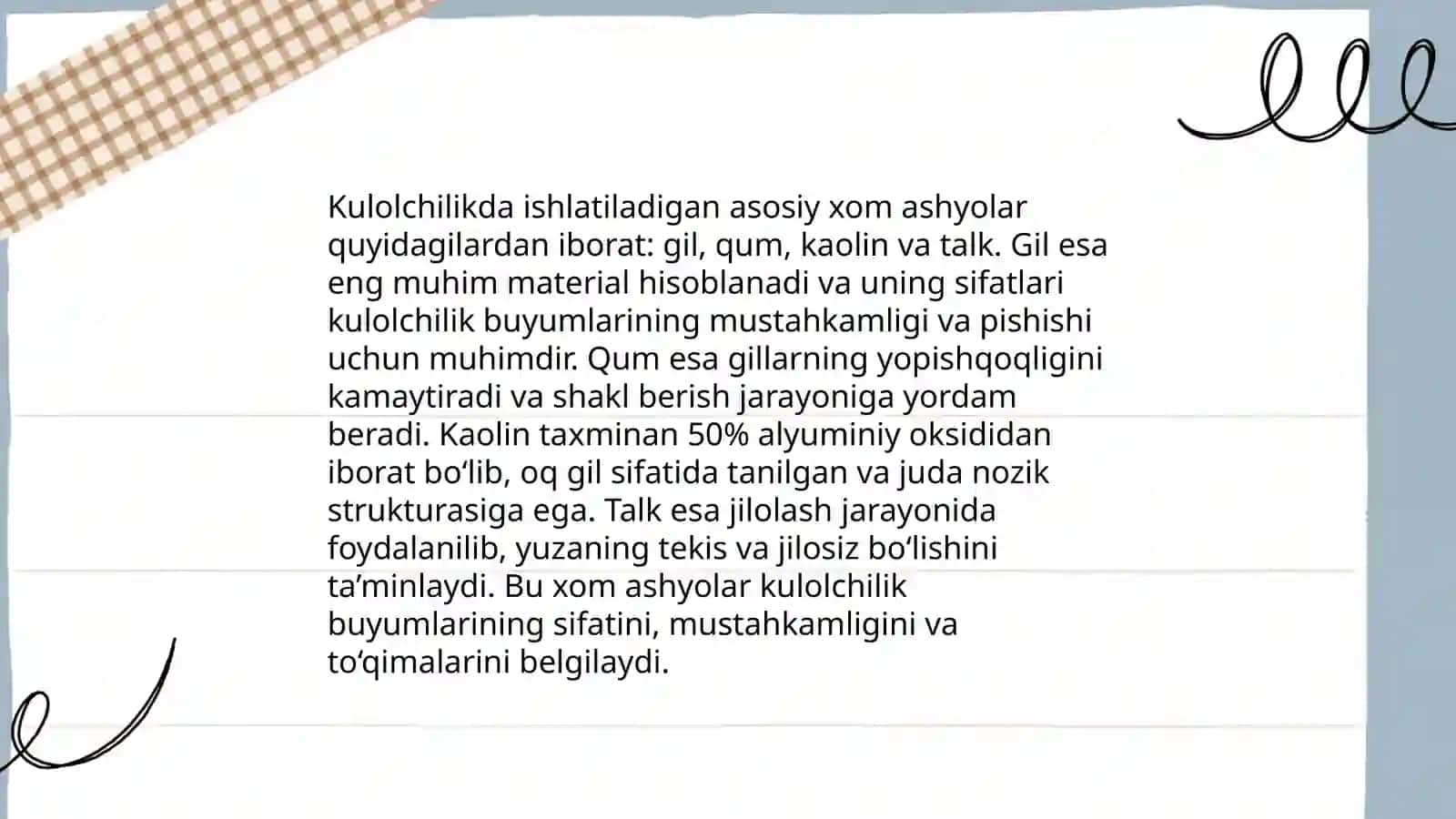 Kulolchilik mahsulotlari turlari, materiallar va asbob-uskunalarni oʻrganish 4
