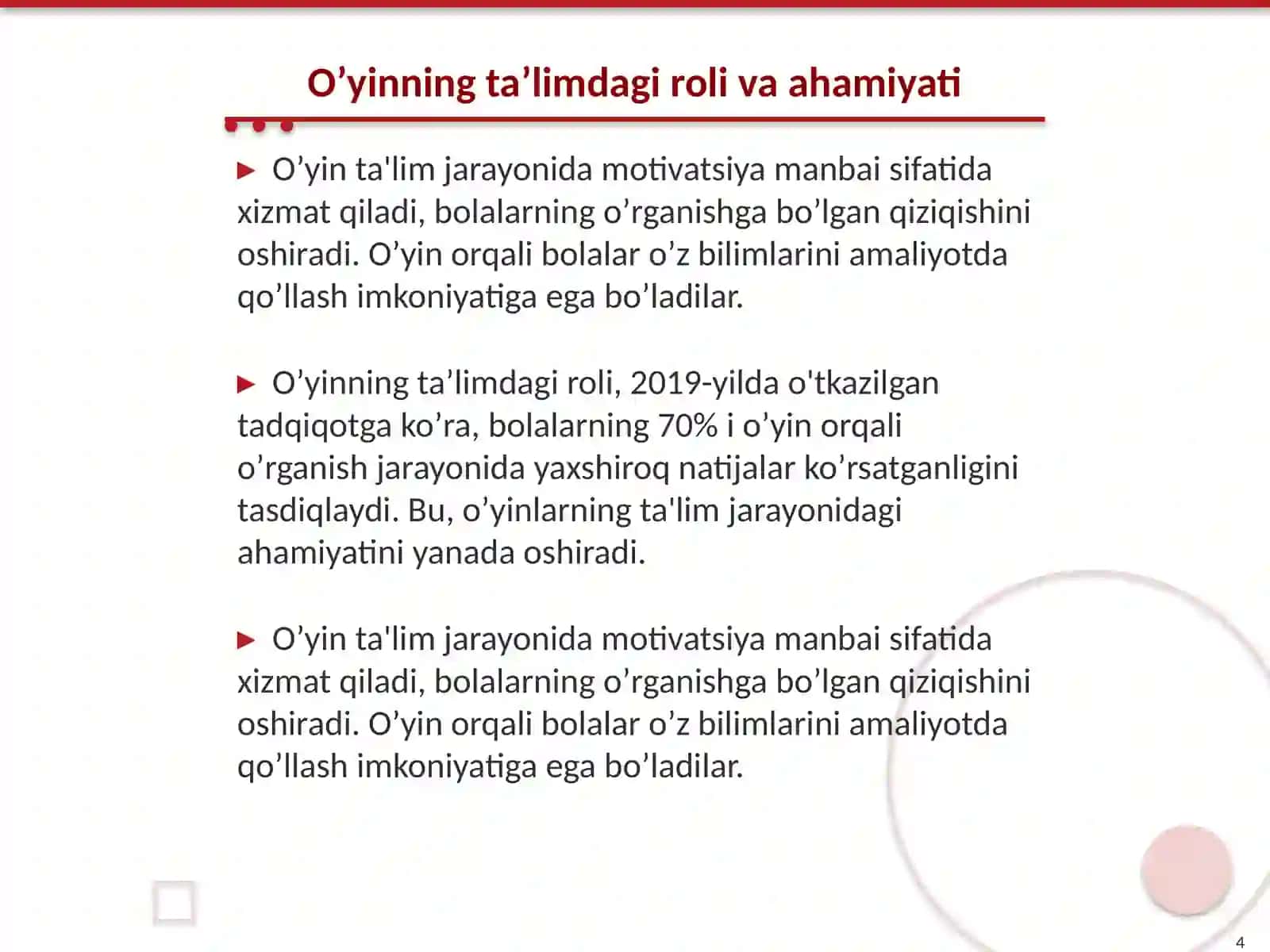 Oʼyinning bolalar faoliyatidagi oʼrni oʼyin bolalarga taʼlim tarbiya berishning metod va vazifalari 4