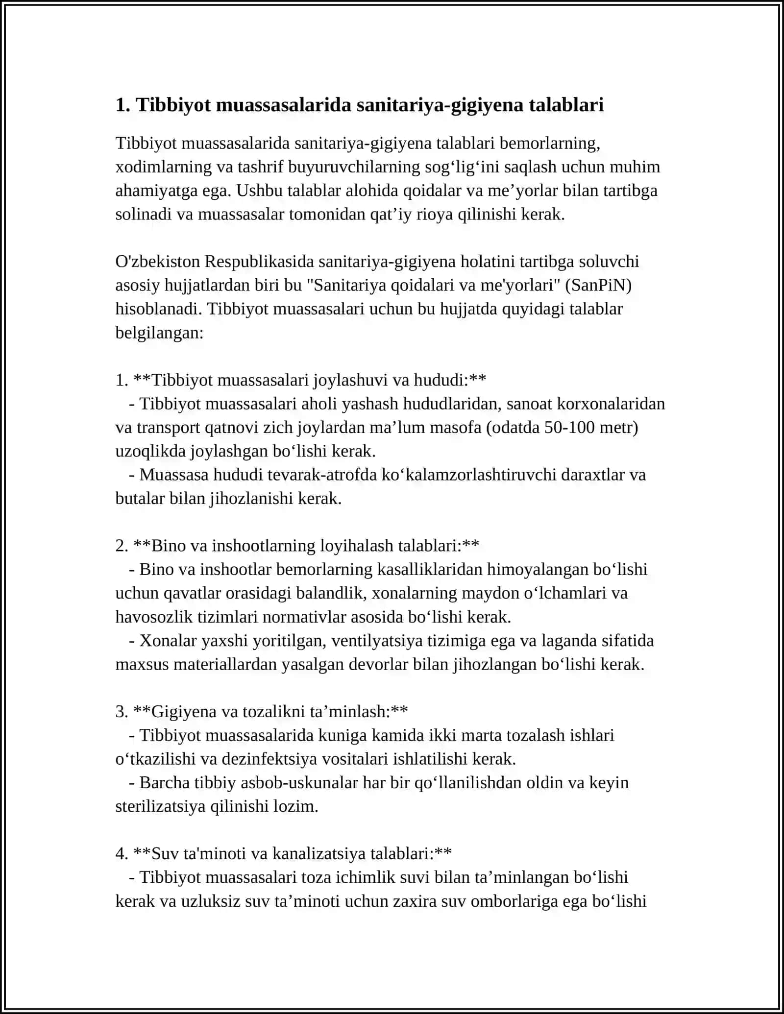 TIBBIY PROFILAKTIKA MUASSASALARIDA SANITARIYA GIGIYENA REJIMI.MEHNAT GIGIYENASI, SHAXSIY GIGIENA QOIDALARI, XODIMLARNI TIBBIY KOʻRIKDAN OʻTKAZISH VA EMLASH ZARURATI VA CHASTOTASI. DASTLABKI, JORIY VA UMUMIY TOZALASH XUSUSIYATLQRI 4