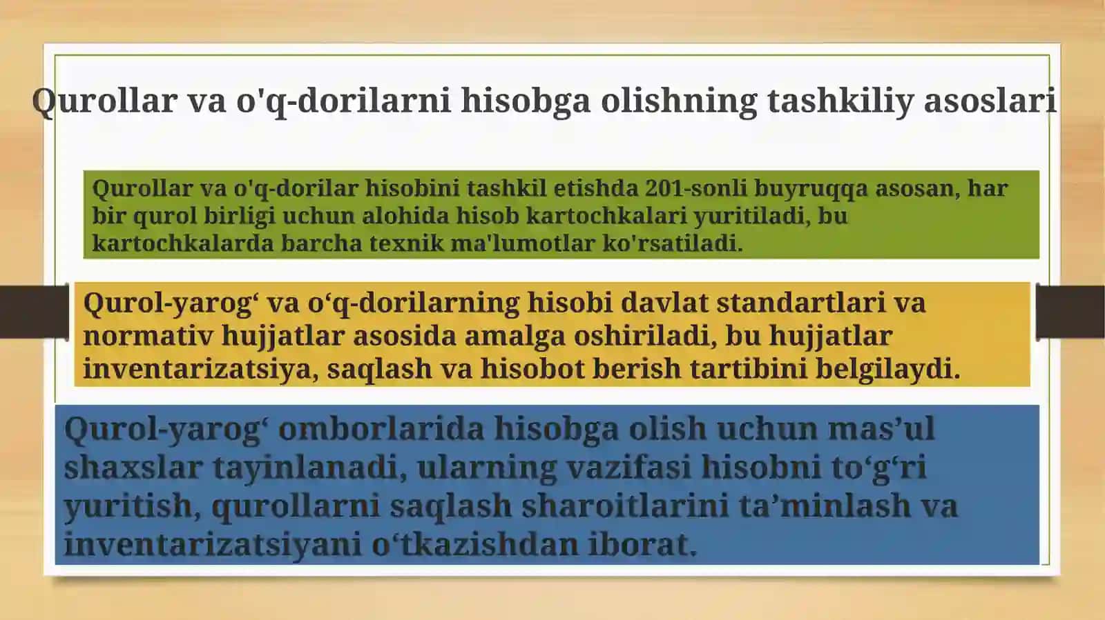 Qurol - aslaha va oʻq - dorilarni hisobga olish va saqlash, tarqatishni tashkiletish 4