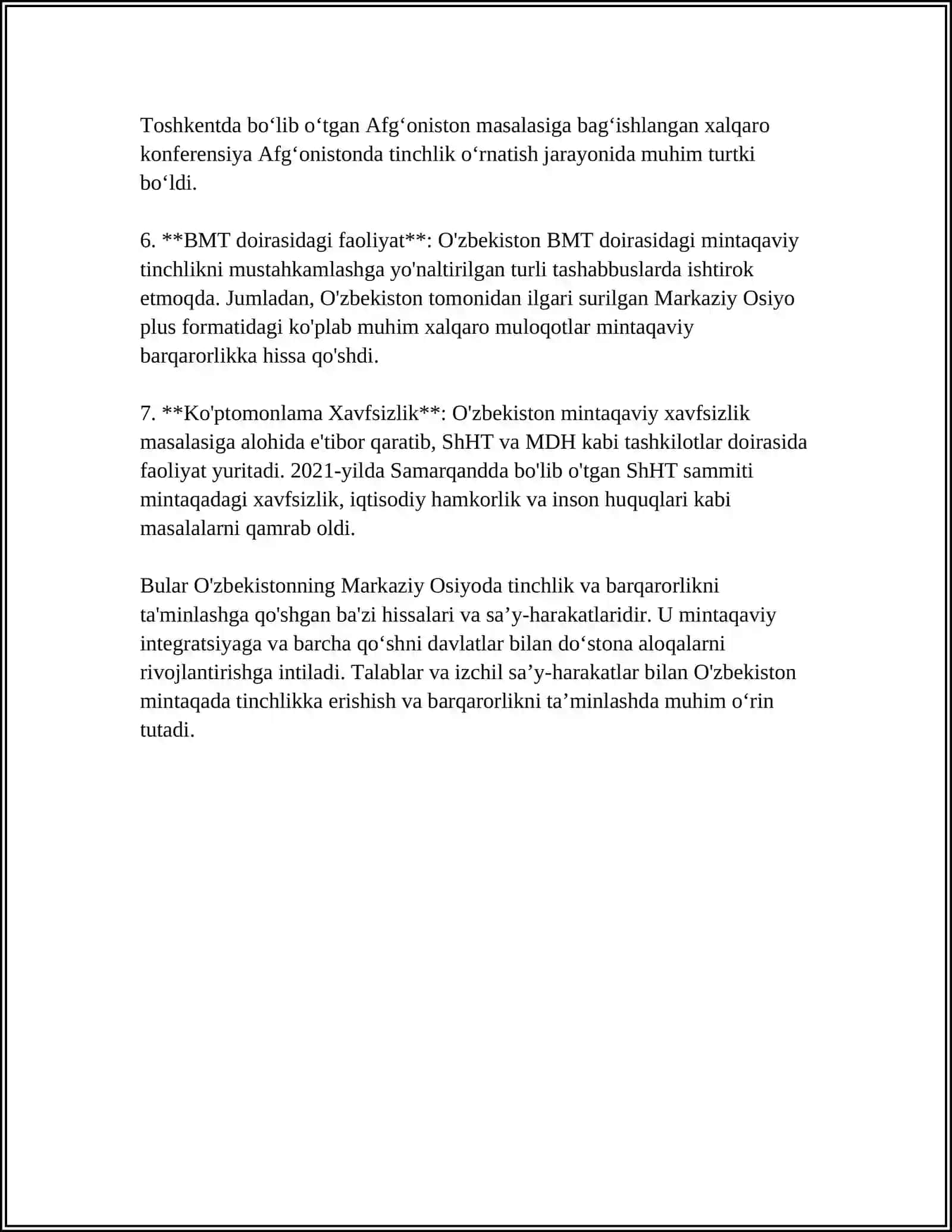 O‘ZBEKISTONNING MARKAZIY OSIYODA TINCHLIK BARQARORLIKNI TA'MINLASHDA O'RNI 4
