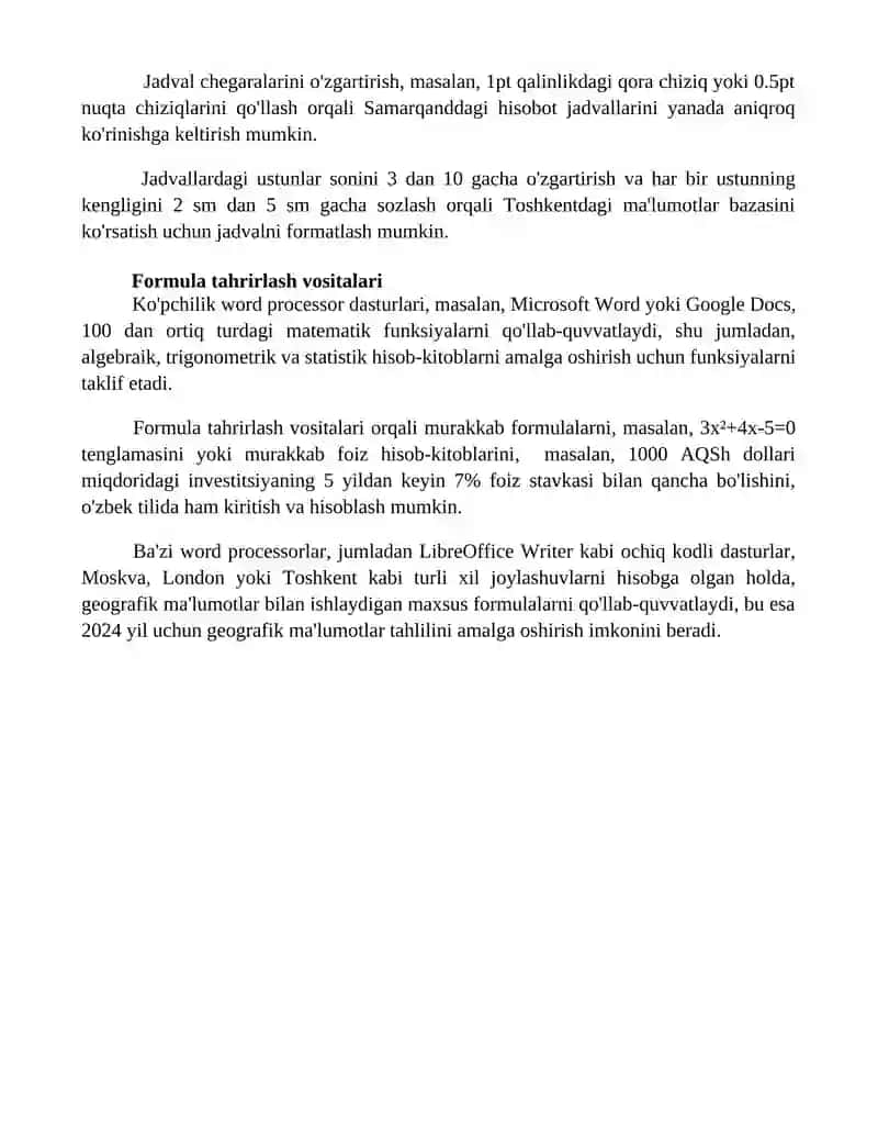 Matn tahrirlagichida jadval, rasm, formula, matnlar strukturasi bilan ishlash 4
