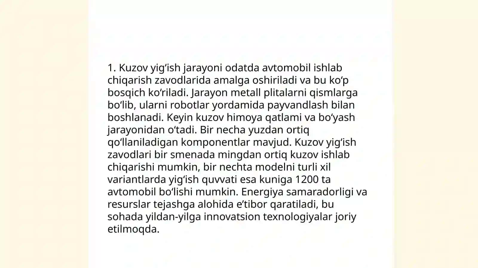 Avtomobil texnikalarini kuzovi va kabinasini yig‘ish o‘rnatish ustaxonasi ishini tashkil etish Najmiddinov Sunnatilla 4