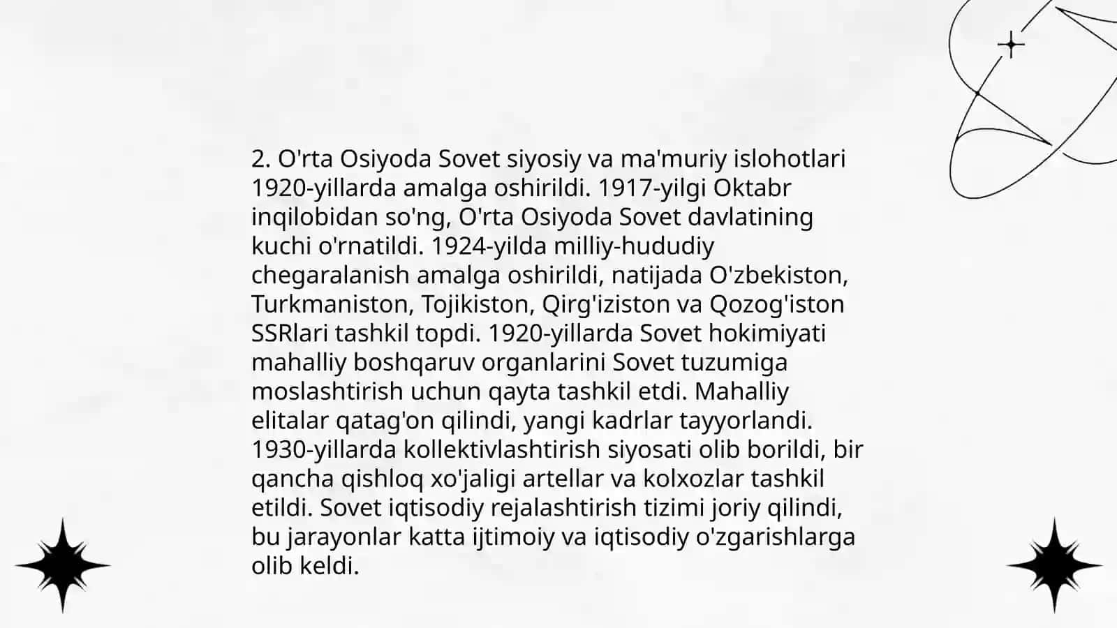 O'rta Osiyoda Sovet hokimiyatining o'rnatilishi va Ikkinchi Jahon urushida O'zbekistonning ishtiroki 4