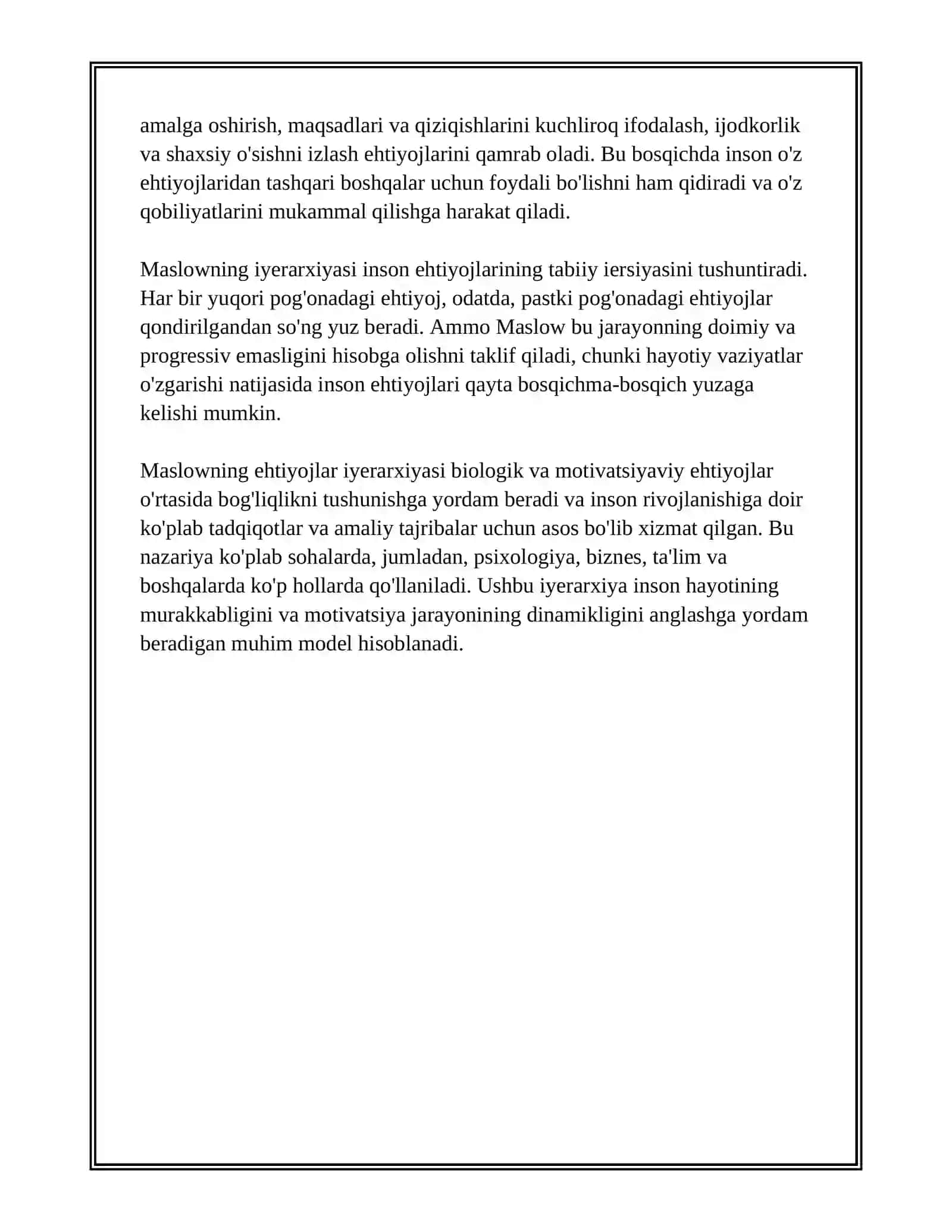 MOTIVATSIYA NAZARIYALARI:MASLOU PIRAMIDASI, HERZBERGNING IKKI OMIL NAZARIYASI VA BOSHQALAR.MAQSADLAR TUSHUNCHASI 4
