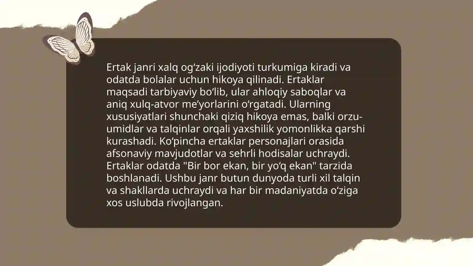 Xalq ertaklari-janr xususiyatlari va mazmuniga koʻra turlari 4