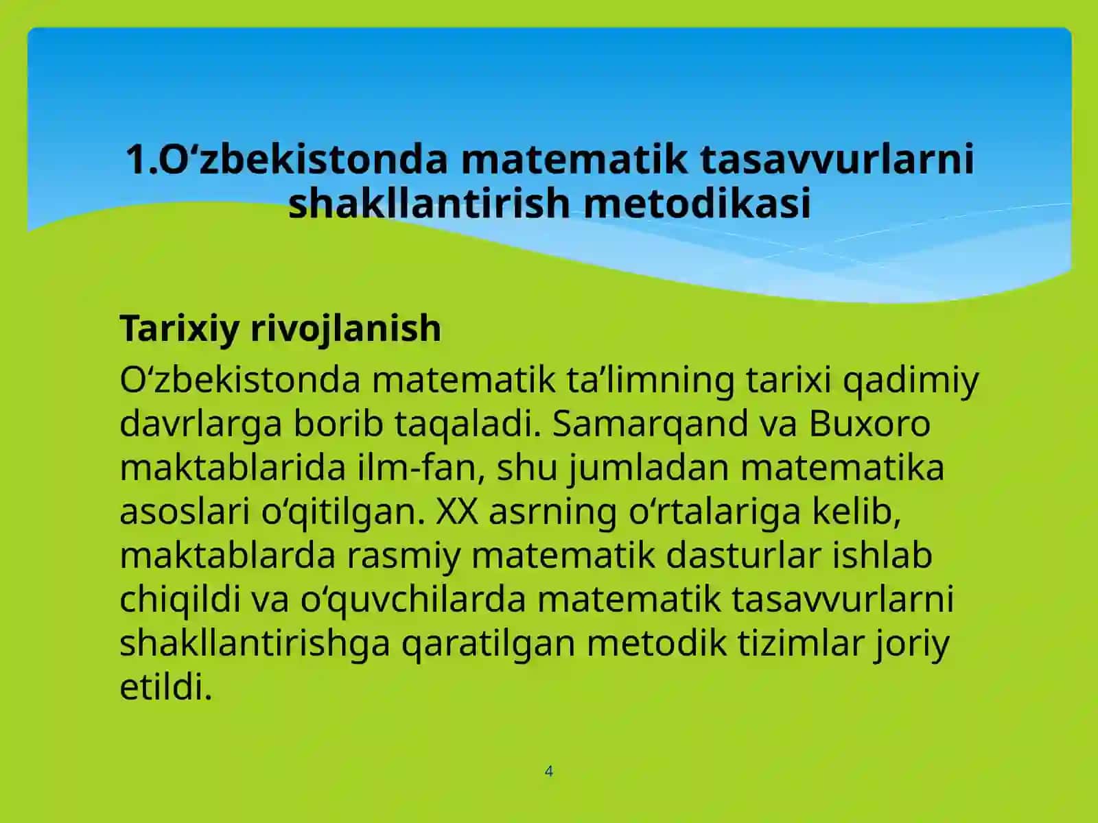 O'zbekistonda , Chet mamlakatlarda matematik tasavvurlarni shakillantirish metodikasi asoslarining rivojlanishi 4