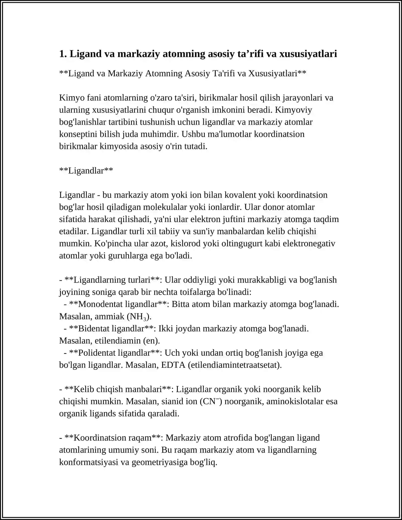 LIGAND VA MARKAZIY ATOM KIMYOVIY BOGʻLANISHLAR TABIATI,NOMENKLATURASI DISSOTSIYALANISH VA XOSSALARI,OZIQ-OVQAT SANOATIDA QOʻLLANISHI 4