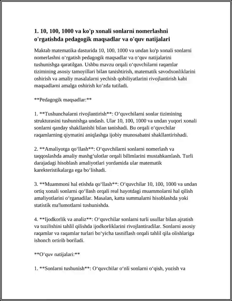 BOSHLANGʻICH SINFLARDA 10, 100, 1000 VA KOʻP XONALI SONLAR USTIDA NOMANFIY BUTUN SONLARNI NOMERLASHGA OʻRGATISH METODIKASI 4