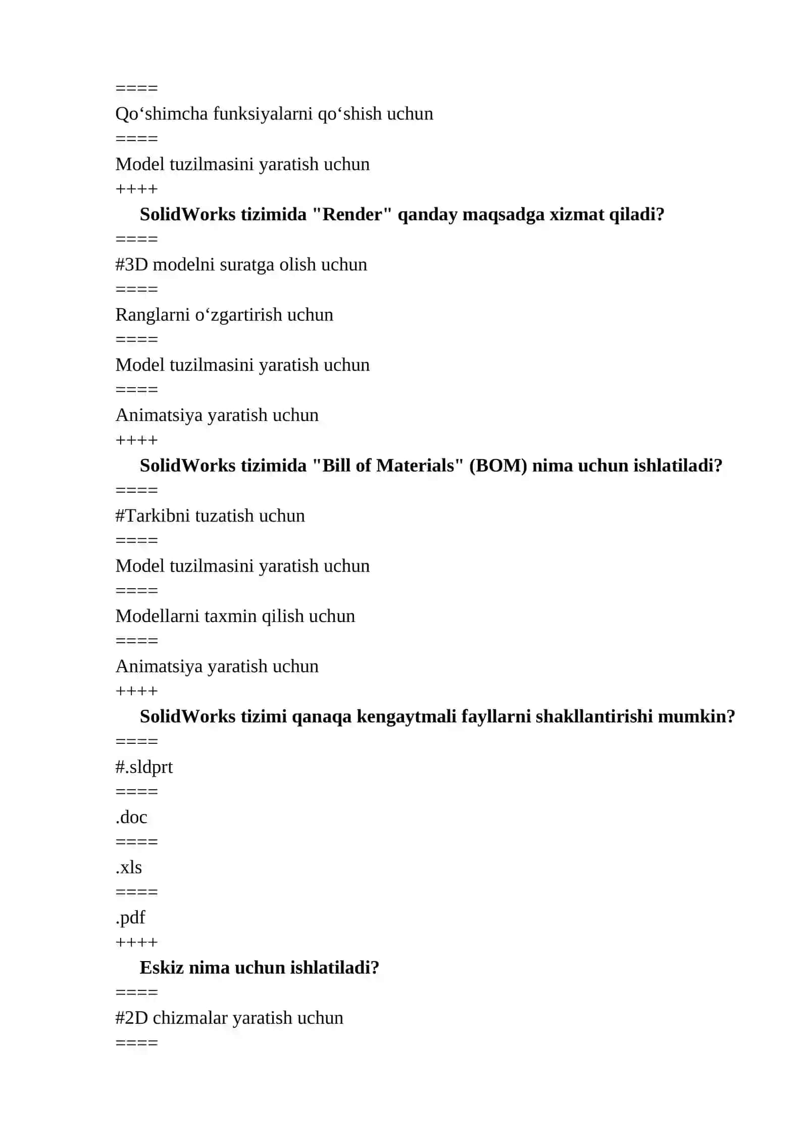 YENGIL SANOAT JIHOZLARINI MODELLASHTIRISH VA LOYIHALASH testlar 4