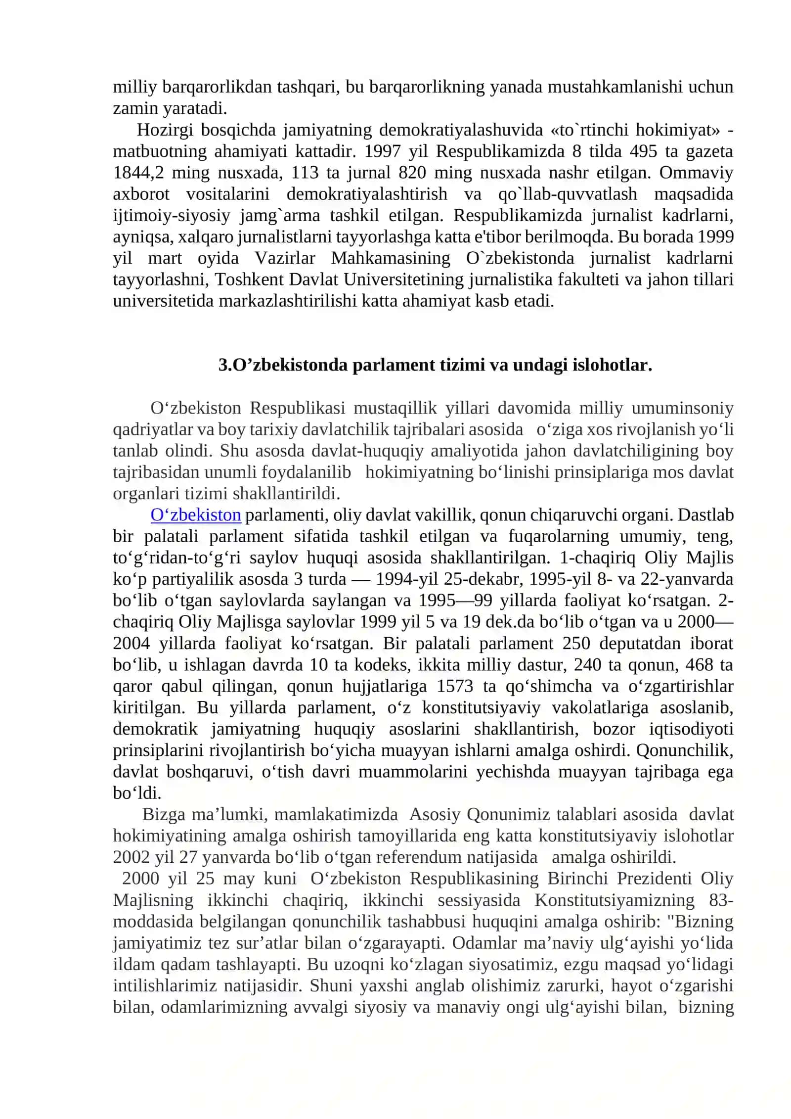 O‘ZBEKISTONDA DEMOKRATIK, FUQAROLIK JAMIYATI ASOSLARINING SHAKLLANISHI, AMALGA OSHIRILGAN SIYOSIY ISLOHOTLAR 4