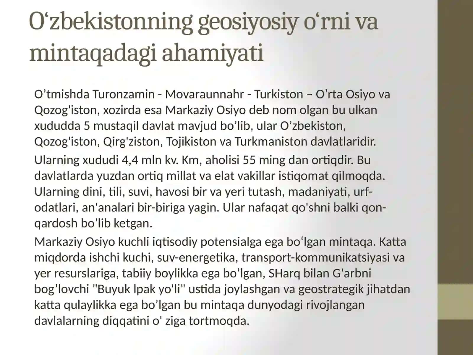 O‘zbekistonning Markaziy Osiyodatinchlik va barqarorlik ni ta’minlashdagi o‘rni 4