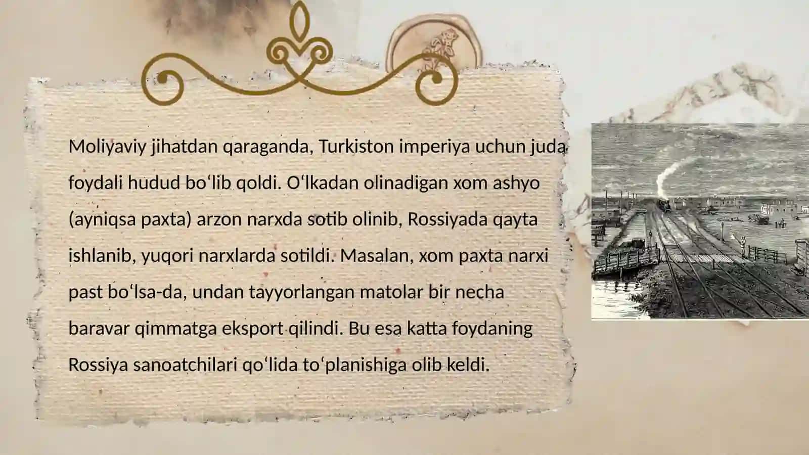 XIX asr oxiri – XX asr boshlarida Turkiston o‘lkasining Rossiya imperiyasining xom ashyo manbaiga ay 4