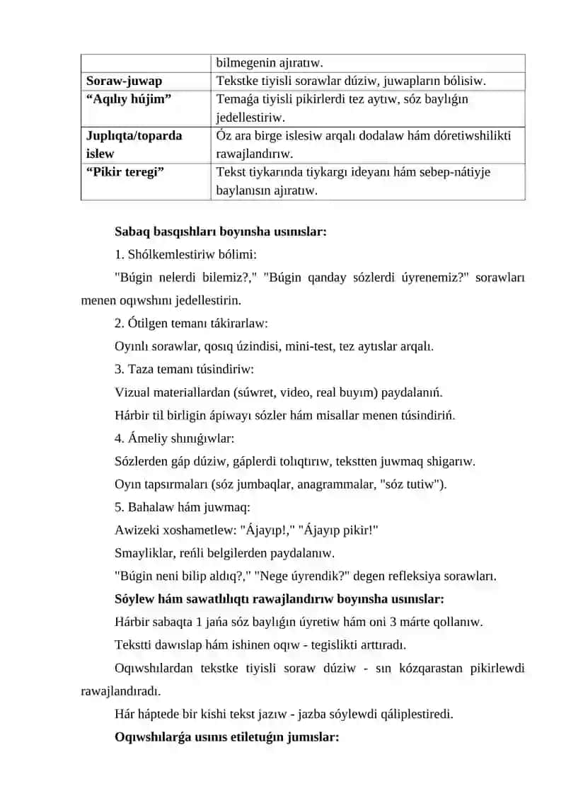 1-4-klaslar Ana tili hám oqıw sawatlılıǵı sabaqları oqıtıwshı kitabın analiz etiw 4