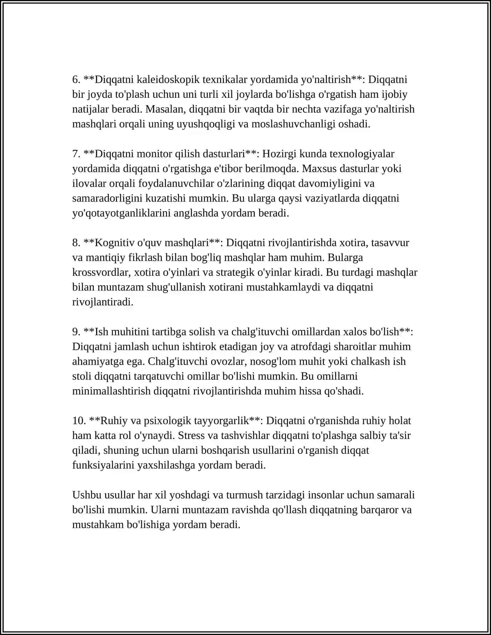 BOLANI TEKSHIRISH BAYONNOMASI ASOSIDA UNING DIQQAT,IDROK,XOTIRA, TAFAKKUR VA NUTQINING XUSUSIYATLARINI TAHLIL QILISH 4
