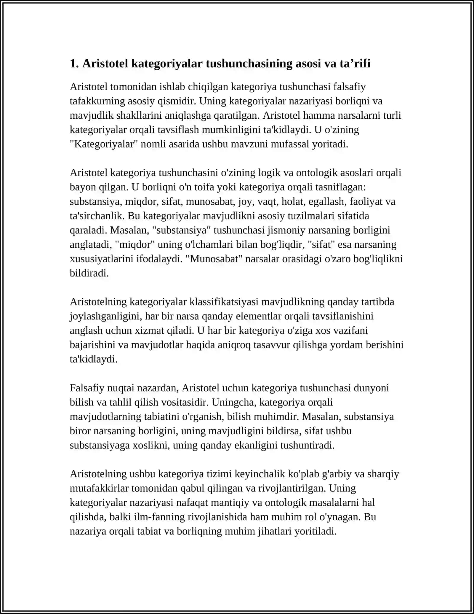ARISTOTEL, FOROBIY VA KANTNING ONTOLOGIYASIDA KATEGORIYALAR TASNIFINI QIYOSIY TAHLIL ETISH VA FARQLARINI ANIQLASH 4