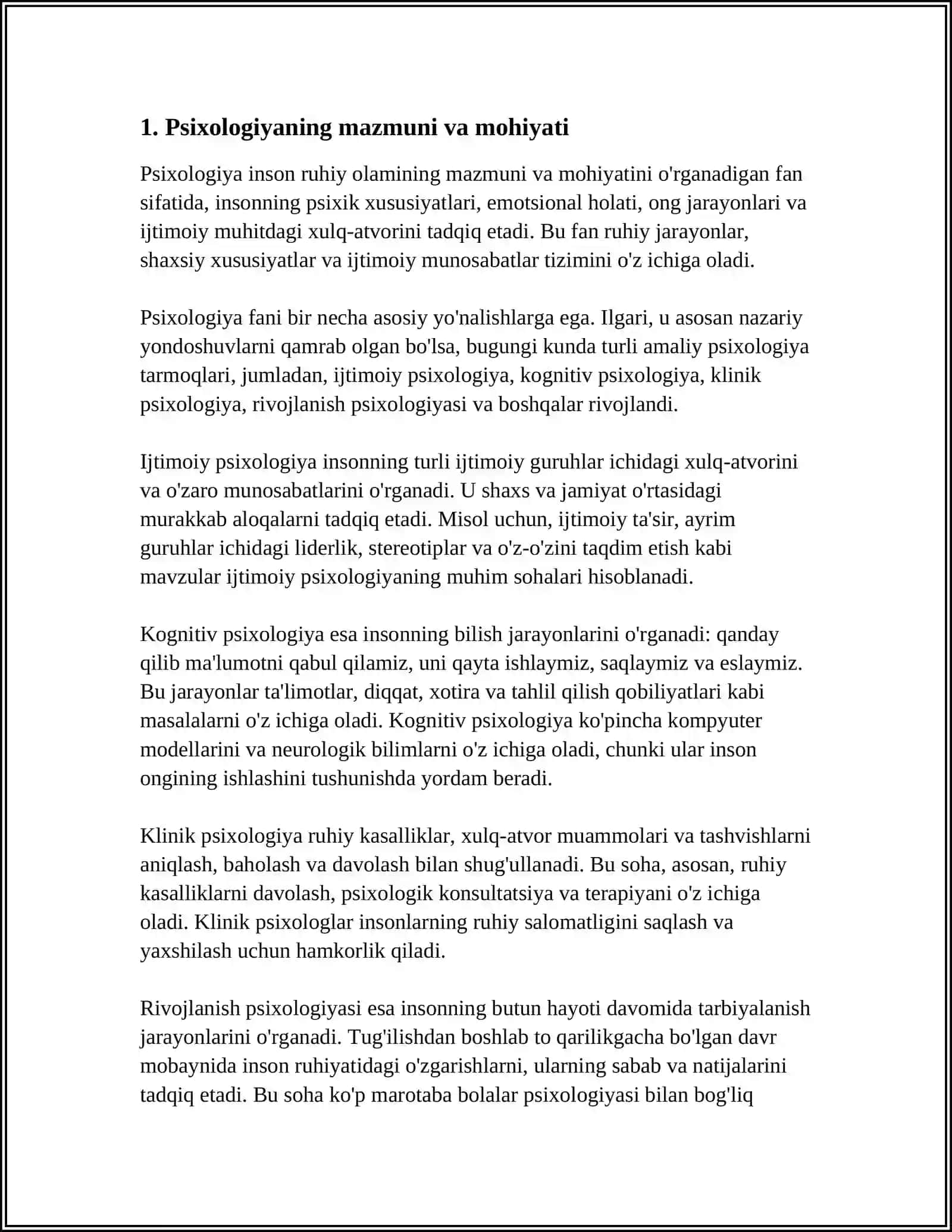PSIXOLOGIYA FANINING PREDMETI. PSIXOLOGIYA FANINING MAQSAD VA VAZIFALARI 4