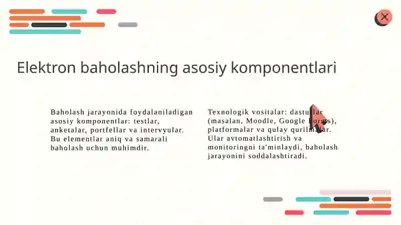 Diagnostika va o`quvchilar bilimini elektron baholashning zamonaviy metod va texnalogiyalarini joriy etishi. 4