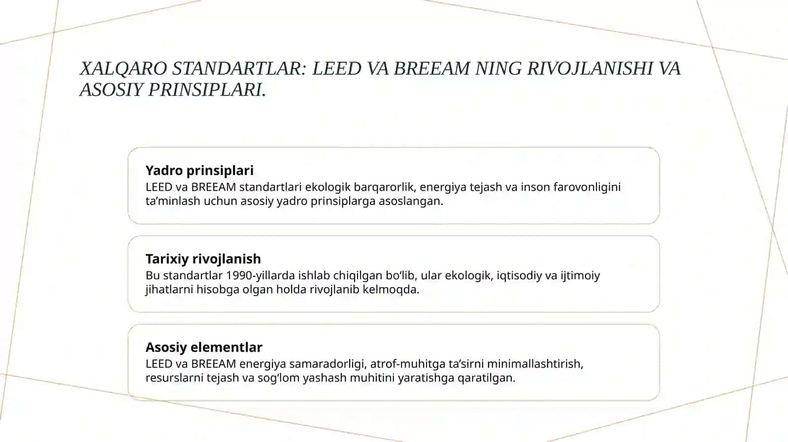 Energiya tejamkor qurilish loyihalari smetasi: LEED va BREEAM dolzarb xalqaro standartlari 4