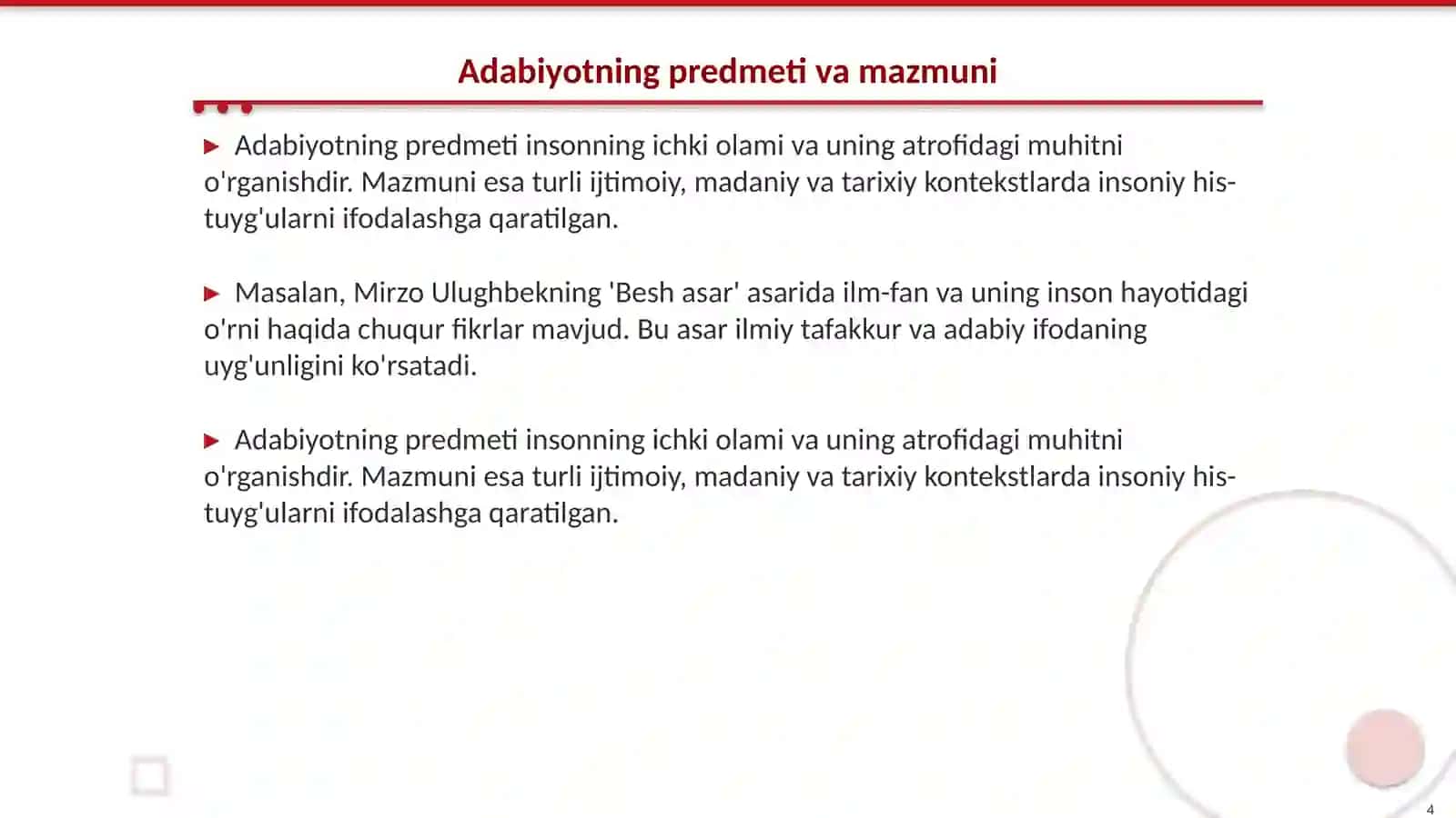 Adabiyotning tasvir obyekti,predmeti, vazifasi 4