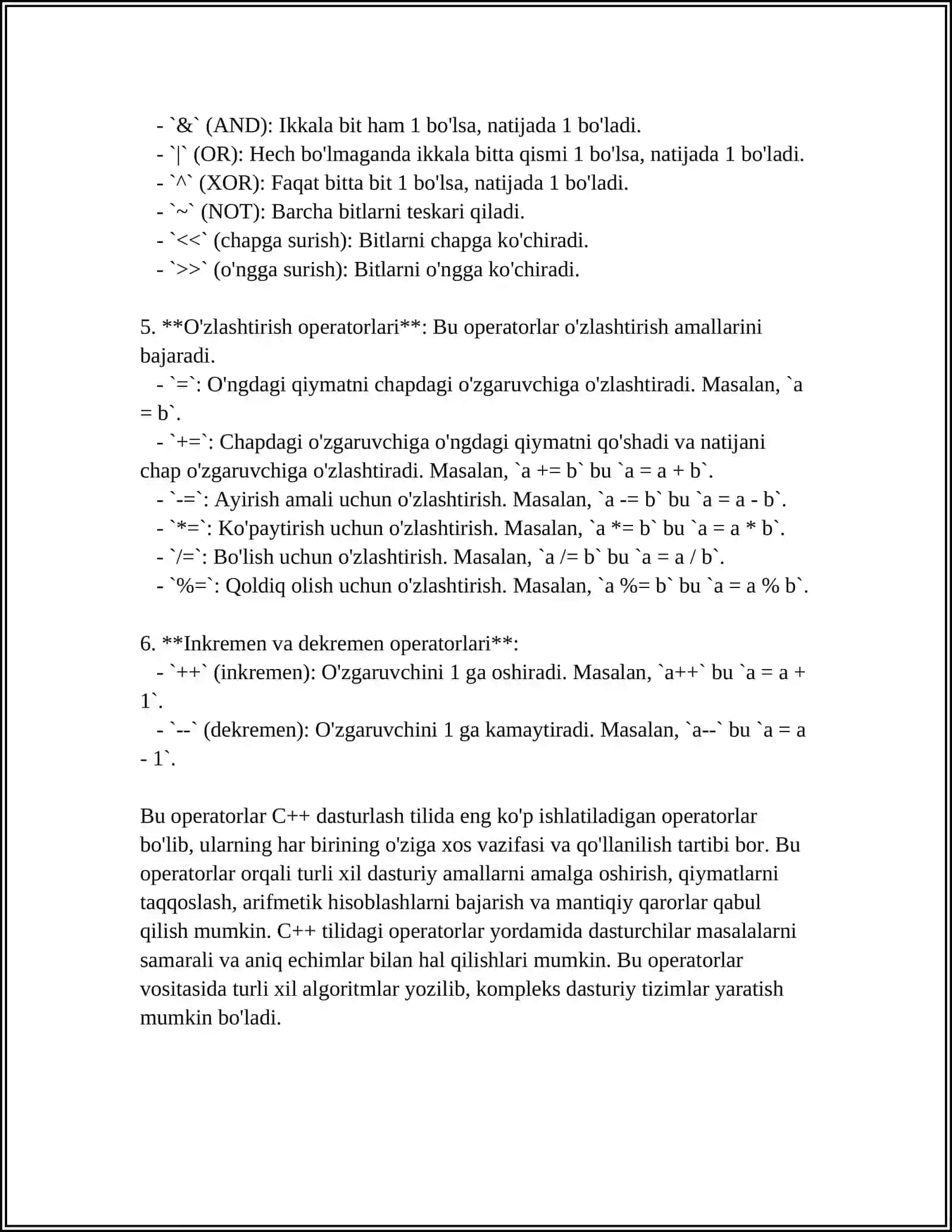 C++ TILIDA OPERATSIYALAR. INKEMENT VA DECERMENTLAR 4