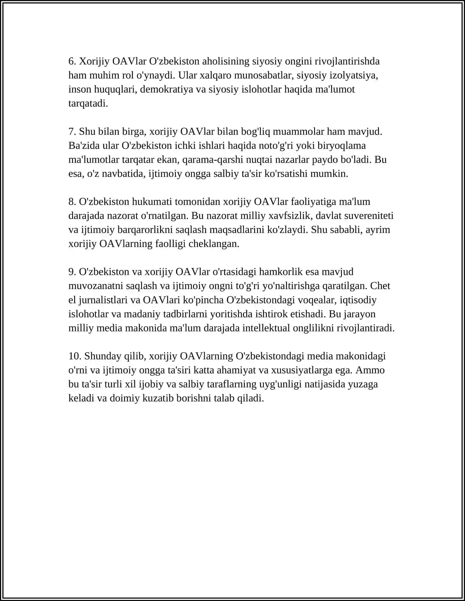 XORIJIY OAVNING MEDIA MAKONIDAGI ÕRNI MAVZUSI HAQIDA 10 BET MUSTAQIL ISH 4