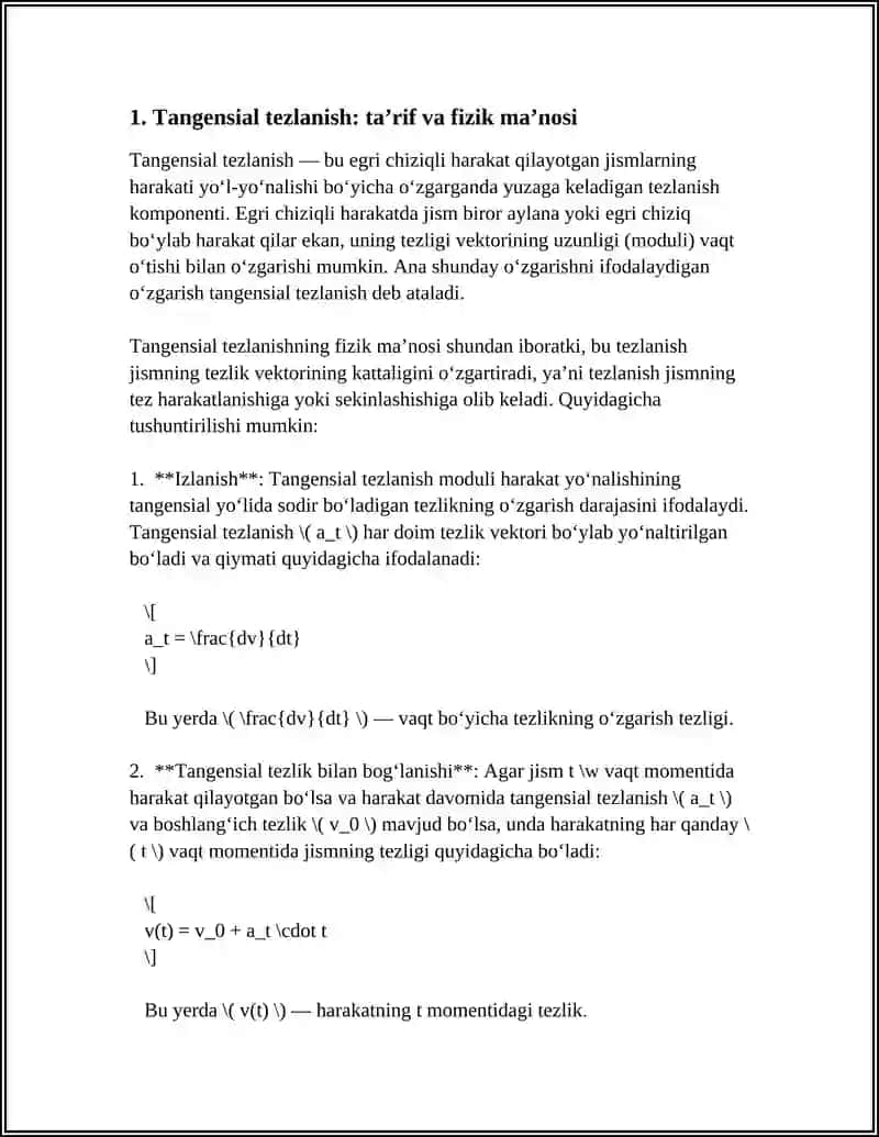 EGRI CHIZIQLI HARAKAT TANGENSIAL, NORMAL VA TOʻLIQ TEZLANISHI 4