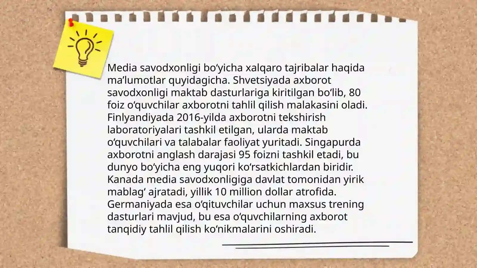 O‘z medialohiyasini ishlab chiqish va taqdim etish.Dunyo mamlakatlaridagi media va axborot savodxonligi taraqqiyoti 4
