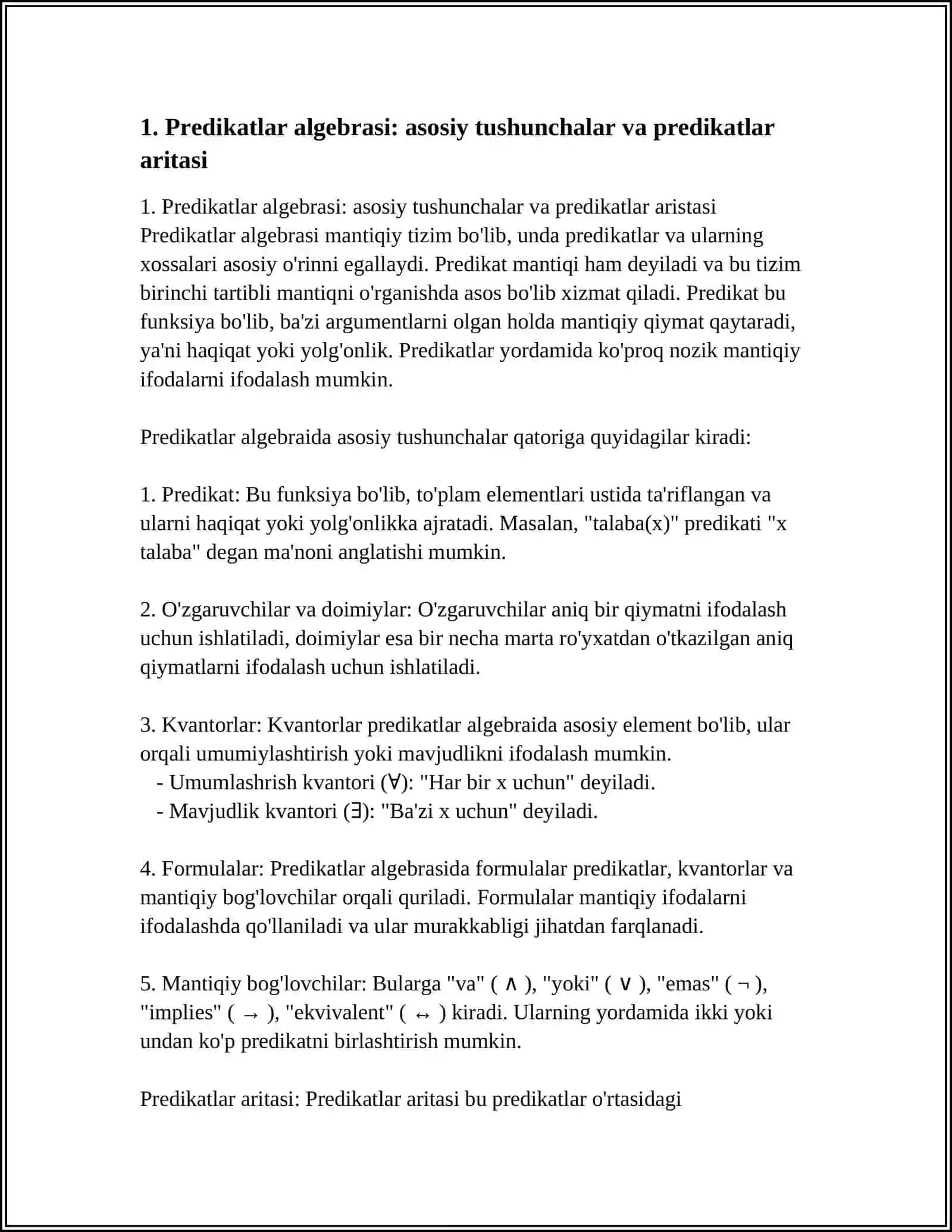 Predikatlar algebrasi: asosiy tushunchalar va predikatlar aristasi 4