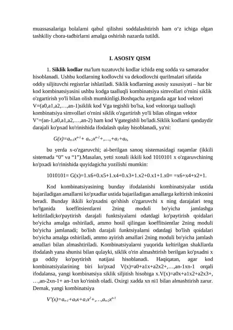 Чизиқли блок кодлар. Циклик кодлар.  Хемминг коди 4